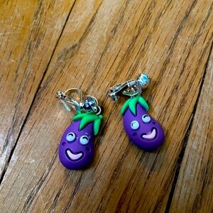 Kids Smiling Eggplant Clip On Earrings